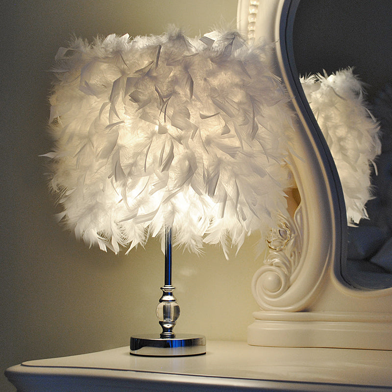 Lara - Simplicity Drum Night Lamp Feather 1 - Light Bedroom Table Lighting In Pink/Red/Yellow With