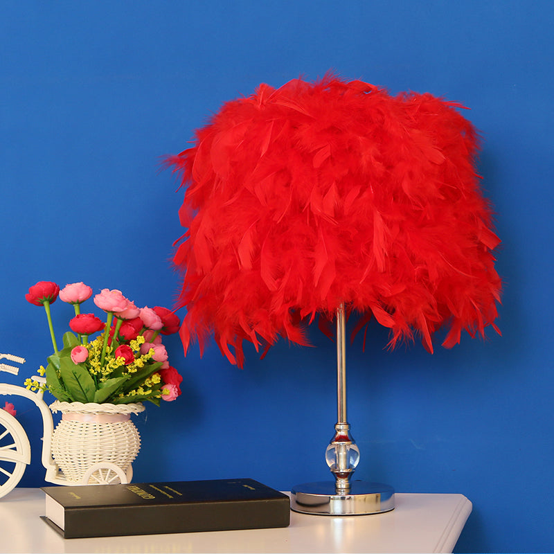 Lara - Simplicity Drum Night Lamp Feather 1 - Light Bedroom Table Lighting In Pink/Red/Yellow With
