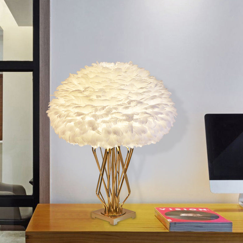 Rasalas - Feather Half - Globe Table Lamp Post - Modern Single White And Brass Night Light With