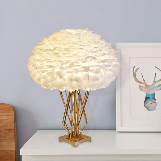 Rasalas - Feather Half - Globe Table Lamp Post - Modern Single White And Brass Night Light With