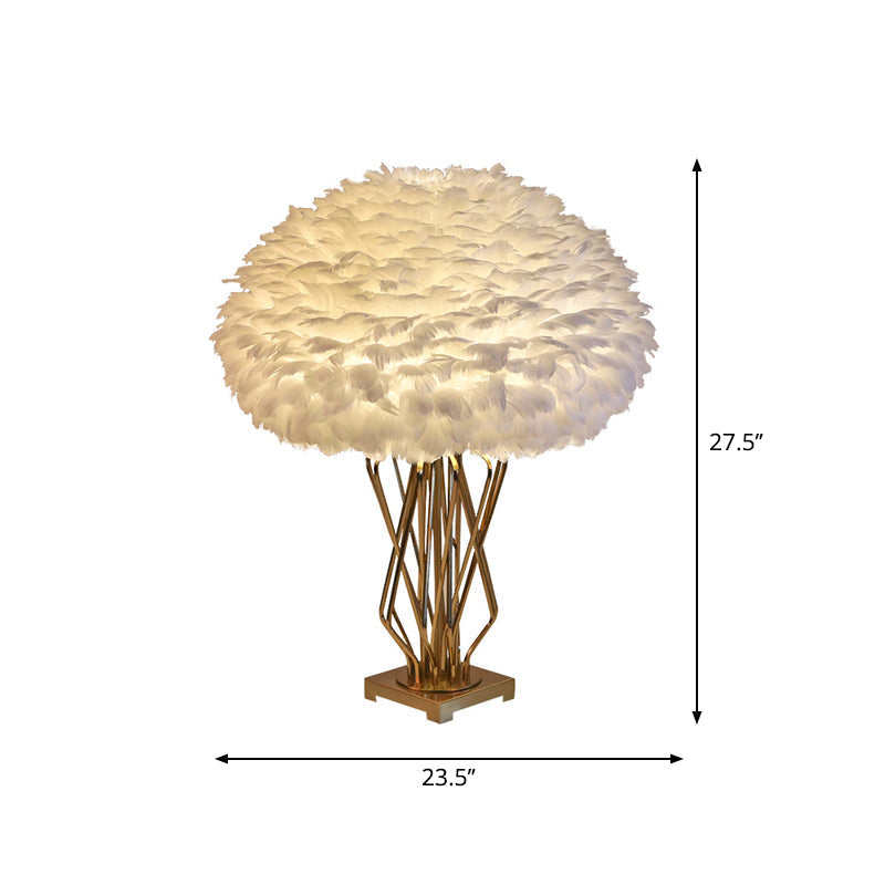 Rasalas - Feather Half - Globe Table Lamp Post - Modern Single White And Brass Night Light With