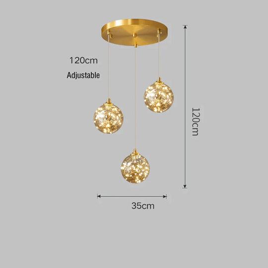 Nordic Light Luxury Crystal Living Room Chandelier All Copper 3 Heads / Trichromatic Light Pendant