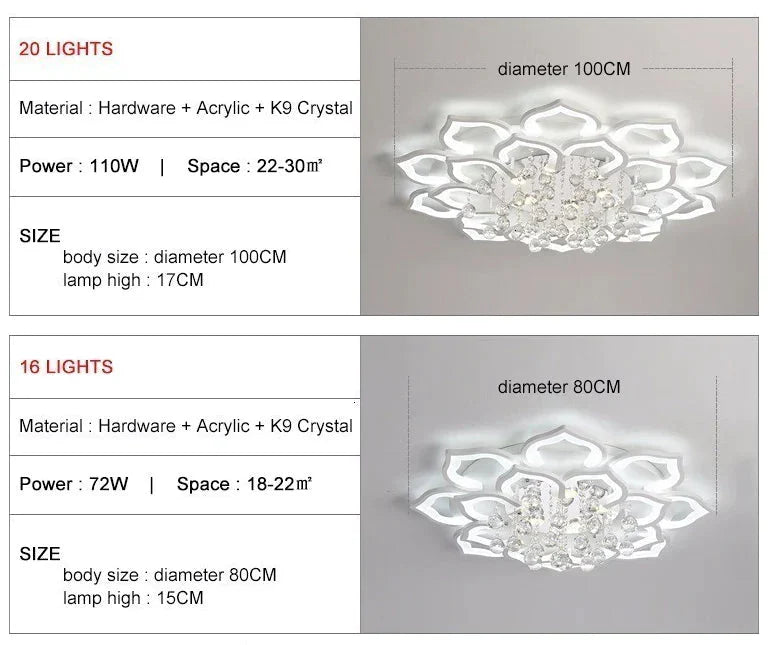 Modern Led Ceiling Lights Fixtures For Living Room White K9 Crystal Home Bedroom Lamp With Remote