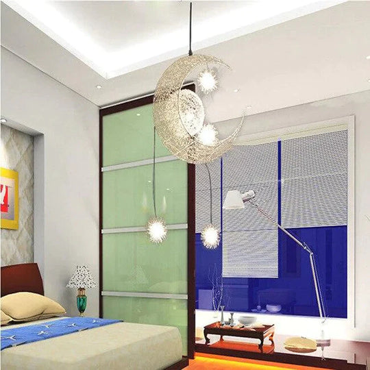 Novelty Led Modern Pendant Lamp Moon Star Wicker Nest Balcony Droplight With 5*G4 Bulb For Kid