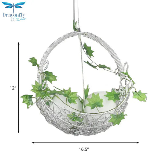 2 Bulbs Basket Chandelier Light Pastoral White Metal Pendant With Orb Opal Glass Shade And Leaf