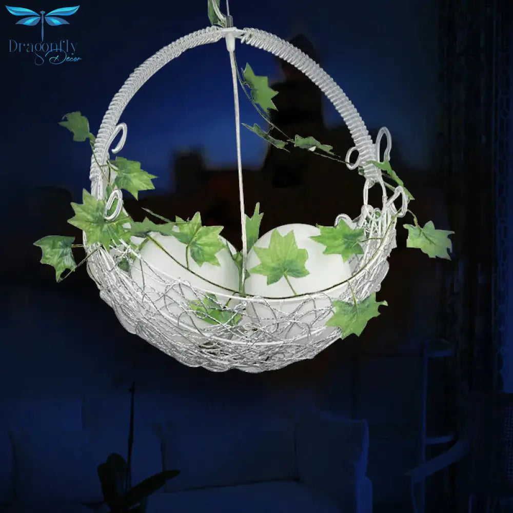 2 Bulbs Basket Chandelier Light Pastoral White Metal Pendant With Orb Opal Glass Shade And Leaf