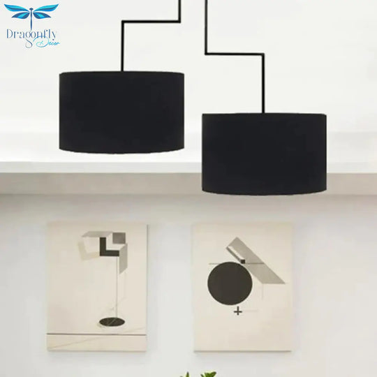 2 Bulbs Drum Chandelier Light Traditional Black/White Fabric Hanging Ceiling Fixture For Dining