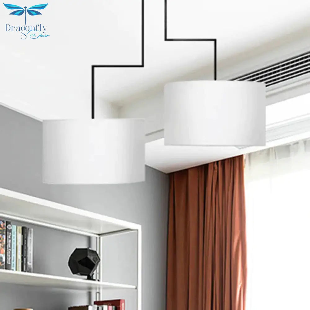 2 Bulbs Drum Chandelier Light Traditional Black/White Fabric Hanging Ceiling Fixture For Dining