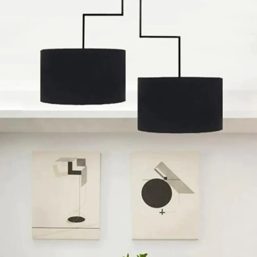 2 Bulbs Drum Chandelier Light Traditional Black/White Fabric Hanging Ceiling Fixture For Dining