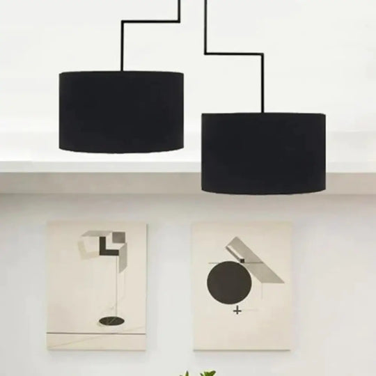 2 Bulbs Drum Chandelier Light Traditional Black/White Fabric Hanging Ceiling Fixture For Dining