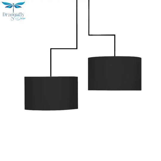 2 Bulbs Drum Chandelier Light Traditional Black/White Fabric Hanging Ceiling Fixture For Dining