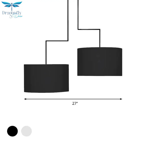 2 Bulbs Drum Chandelier Light Traditional Black/White Fabric Hanging Ceiling Fixture For Dining