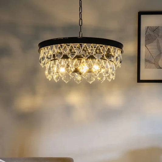 2 - Layer 3 Heads Black Hanging Lamp With Crystals For Dining Room