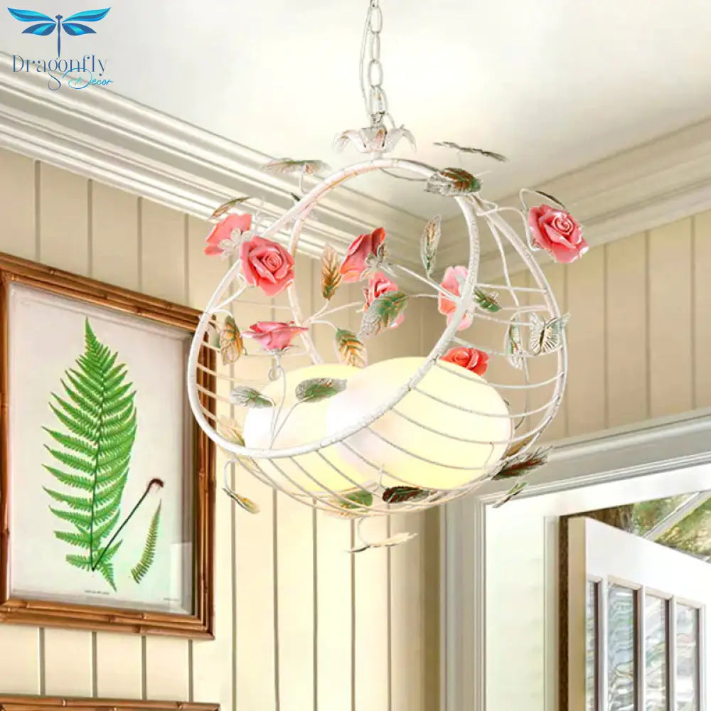 2 Lights Hanging Pendant Lamp Pastoral Living Room Chandelier With Bird Egg White Glass Shade