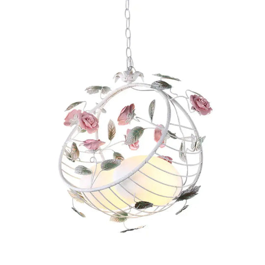2 Lights Hanging Pendant Lamp Pastoral Living Room Chandelier With Bird Egg White Glass Shade