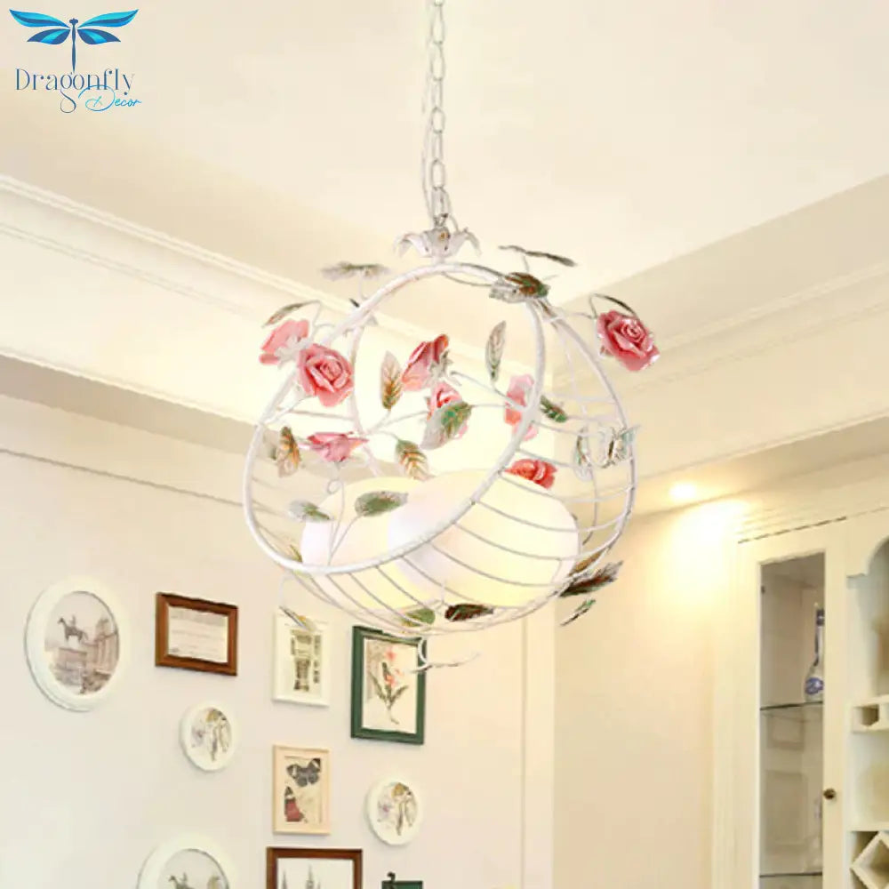 2 Lights Hanging Pendant Lamp Pastoral Living Room Chandelier With Bird Egg White Glass Shade