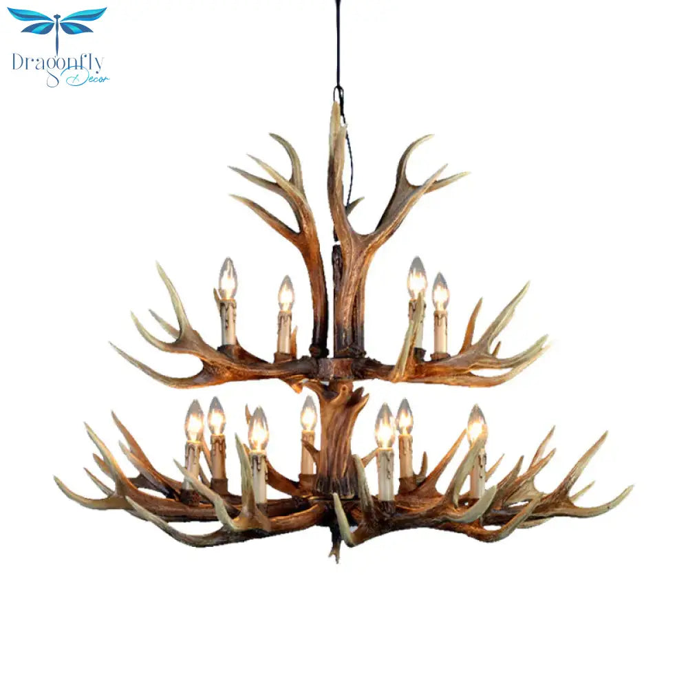 2 - Tier Hanging Lamp Rustic Resin 12/15 Bulbs Brown Chandelier Pendant Light For Kitchen Island