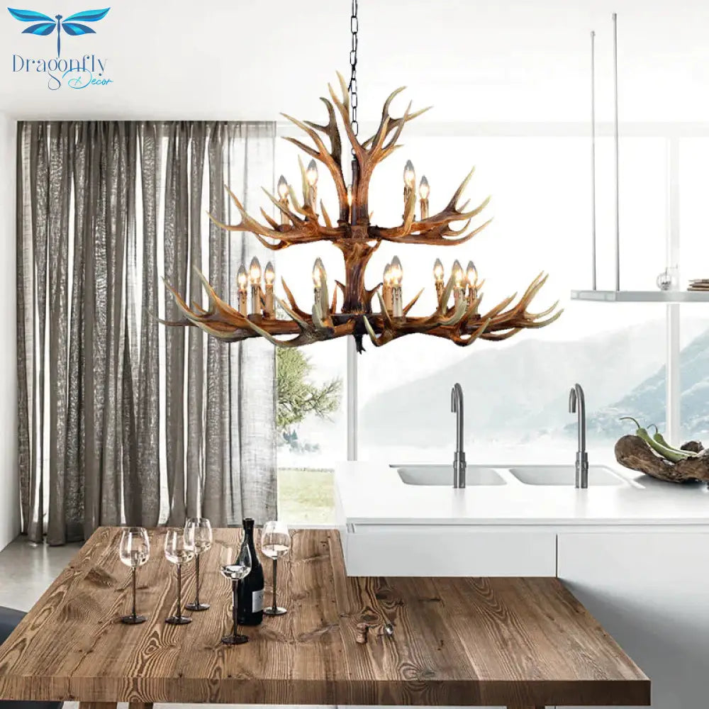 2 - Tier Hanging Lamp Rustic Resin 12/15 Bulbs Brown Chandelier Pendant Light For Kitchen Island