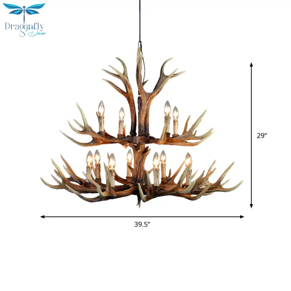 2 - Tier Hanging Lamp Rustic Resin 12/15 Bulbs Brown Chandelier Pendant Light For Kitchen Island