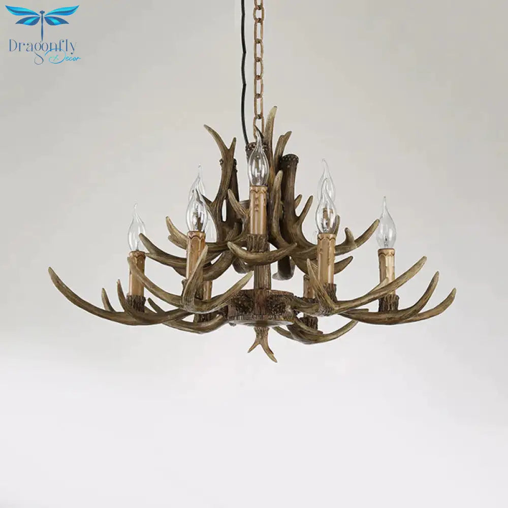 2 - Tier Living Room Hanging Lamp Traditional Resin 9 Bulbs Brown Chandelier Pendant Light