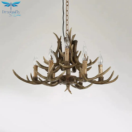 2 - Tier Living Room Hanging Lamp Traditional Resin 9 Bulbs Brown Chandelier Pendant Light