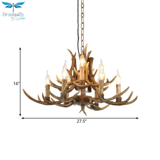 2 - Tier Living Room Hanging Lamp Traditional Resin 9 Bulbs Brown Chandelier Pendant Light