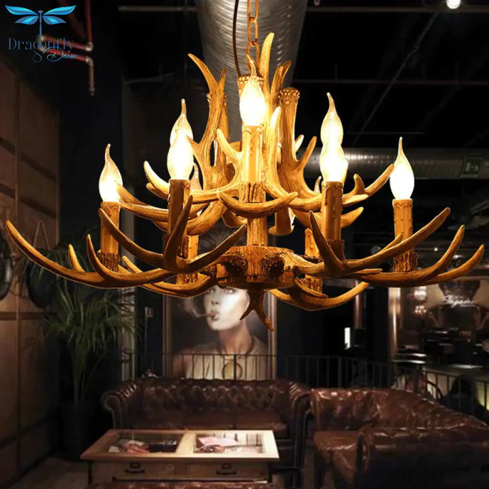 2 - Tier Living Room Hanging Lamp Traditional Resin 9 Bulbs Brown Chandelier Pendant Light