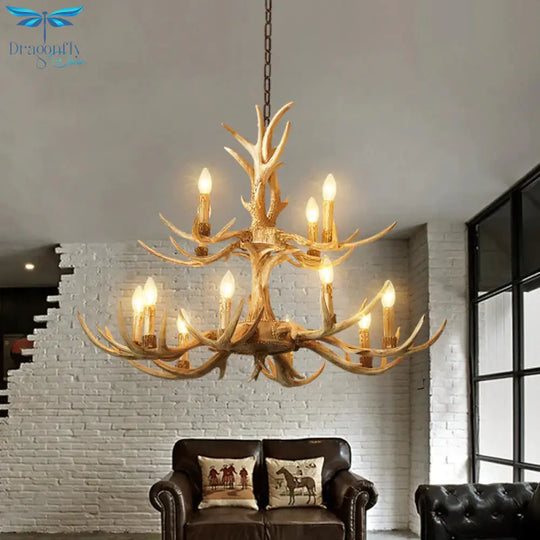 2 - Tier Resin 12 Heads Chandelier Hanging Ceiling Lamp In Brown For Living Room