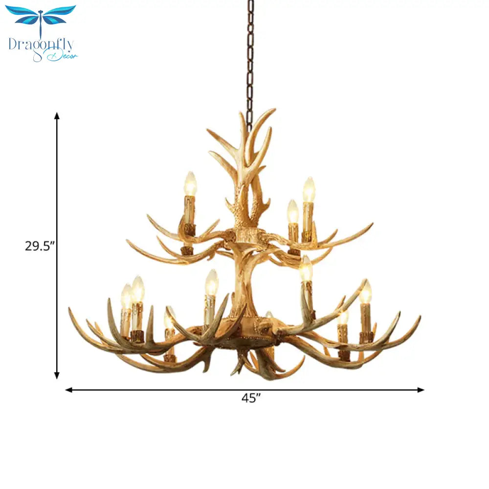 2 - Tier Resin 12 Heads Chandelier Hanging Ceiling Lamp In Brown For Living Room