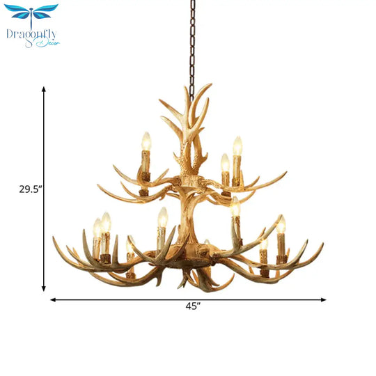2 - Tier Resin 12 Heads Chandelier Hanging Ceiling Lamp In Brown For Living Room