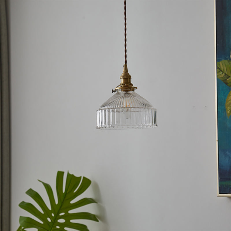 Rachele - Rustic Barn Shade Pendant Lamp 1 - Light Clear Ribbed Glass Ceiling Suspension Light