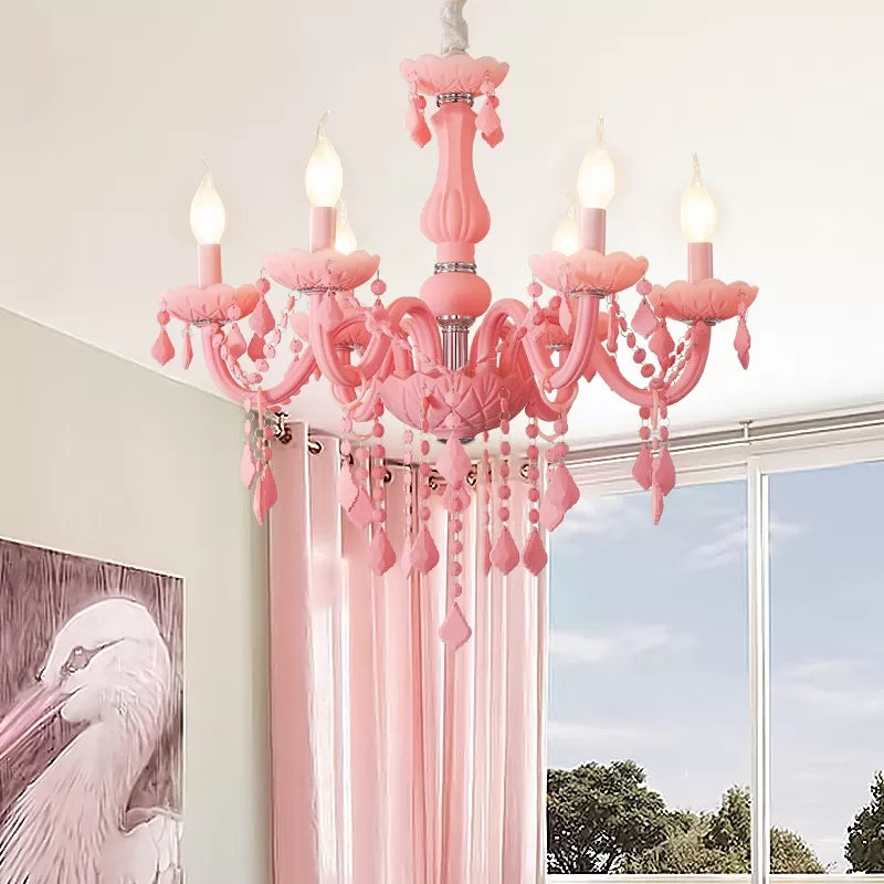 Sulafat - Macaron Crystal Deco Candle Chandelier 6 Lights Stylish Suspension Pink