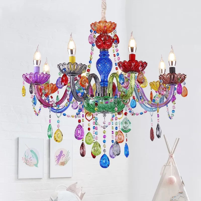Multi - Colored Glass Chandelier With Teardrop Crystals For Kids Room Pendant Lighting