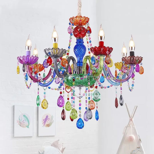 Multi - Colored Glass Chandelier With Teardrop Crystals For Kids Room Pendant Lighting