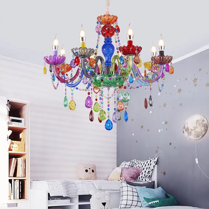 Multi - Colored Glass Chandelier With Teardrop Crystals For Kids Room Pendant Lighting