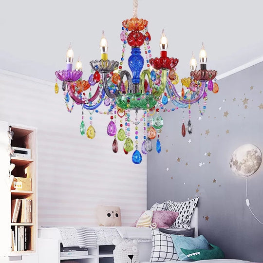 Multi - Colored Glass Chandelier With Teardrop Crystals For Kids Room Pendant Lighting