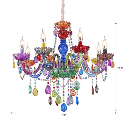 Multi - Colored Glass Chandelier With Teardrop Crystals For Kids Room Pendant Lighting