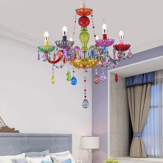 Multi - Colored Glass Chandelier With Teardrop Crystals For Kids Room Pendant Lighting