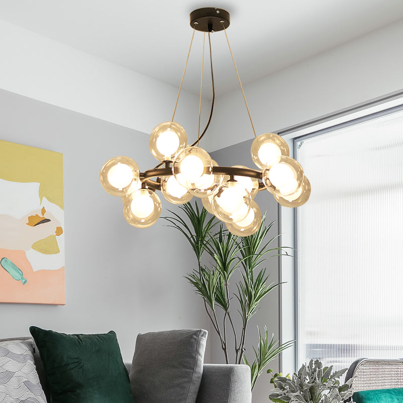 Modern Black/Gold Finish Glass 15/25 - Bulb Global Shade Chandelier Lamp With Metal Ring - Ceiling