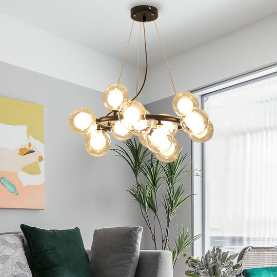 Modern Black/Gold Finish Glass 15/25 - Bulb Global Shade Chandelier Lamp With Metal Ring - Ceiling