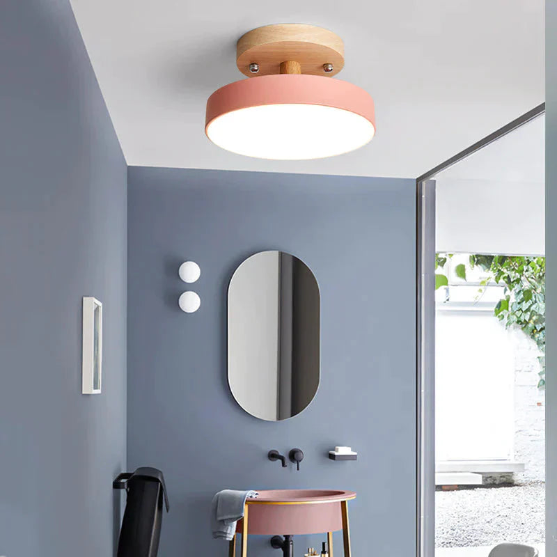 Ceiling Lamp Balcony Wood Round Lighting Pink / 18Cm Trichromatic Light