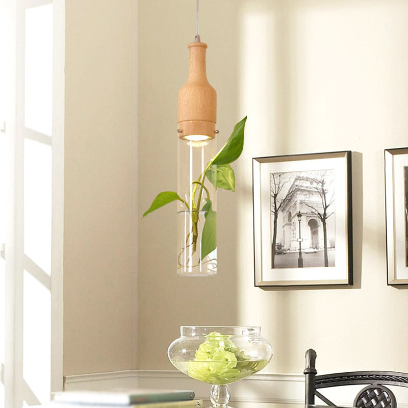 Viola - Glass Bottle Shaped Planter Light Clear Bedroom Pendant 1 / Wood Round