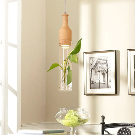 Viola - Glass Bottle Shaped Planter Light Clear Bedroom Pendant 1 / Wood Round
