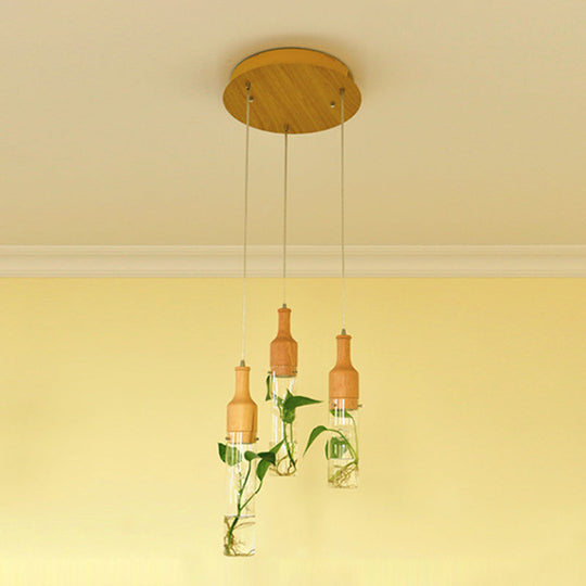 Viola - Glass Bottle Shaped Planter Light Clear Bedroom Pendant 3 / Wood Round