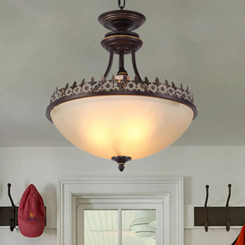 Vintage Bowl Frosted Glass Hanging Light In Black 3 Bulbs Chandelier Pendant