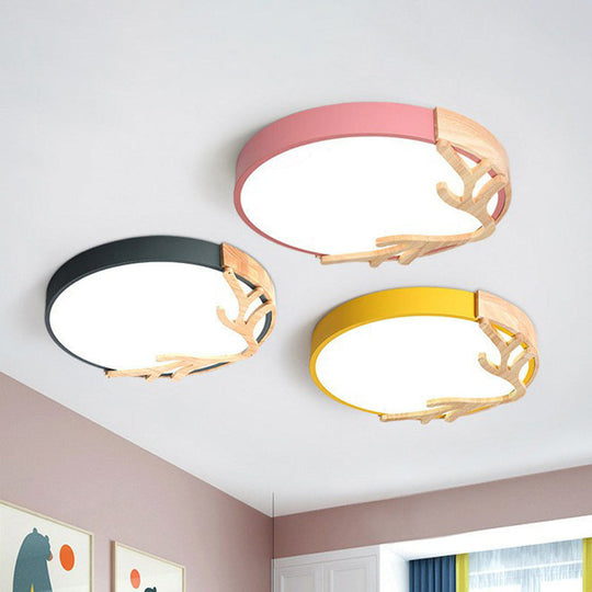 Sleek Metal Circle Led Flush Mount Ceiling Light - Ultra - Thin Design With Wooden Antler Accent