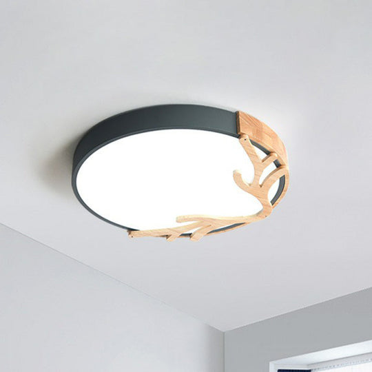 Sleek Metal Circle LED Flush Mount Ceiling Light - Ultra-Thin Design with Wooden Antler Accent, Various Sizes & Colors - Dragonfly Decor