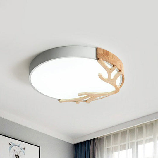 Sleek Metal Circle Led Flush Mount Ceiling Light - Ultra - Thin Design With Wooden Antler Accent