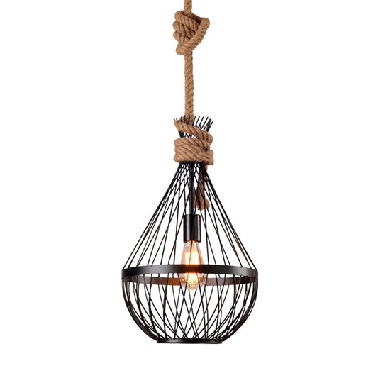 Retro Iron Pear - Shaped Suspension Lighting With Hemp Rope In Black Pendant