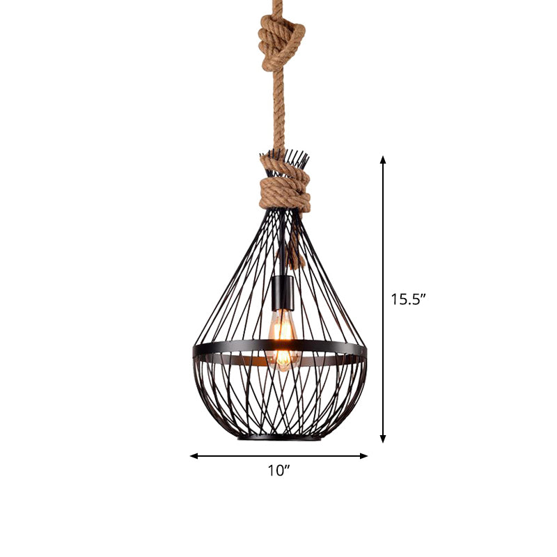 Retro Iron Pear - Shaped Suspension Lighting With Hemp Rope In Black Pendant